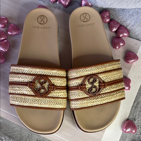 Sam & Libby Tan and Brown Slide Sandals with Woven Straps - Picture 6 of 8